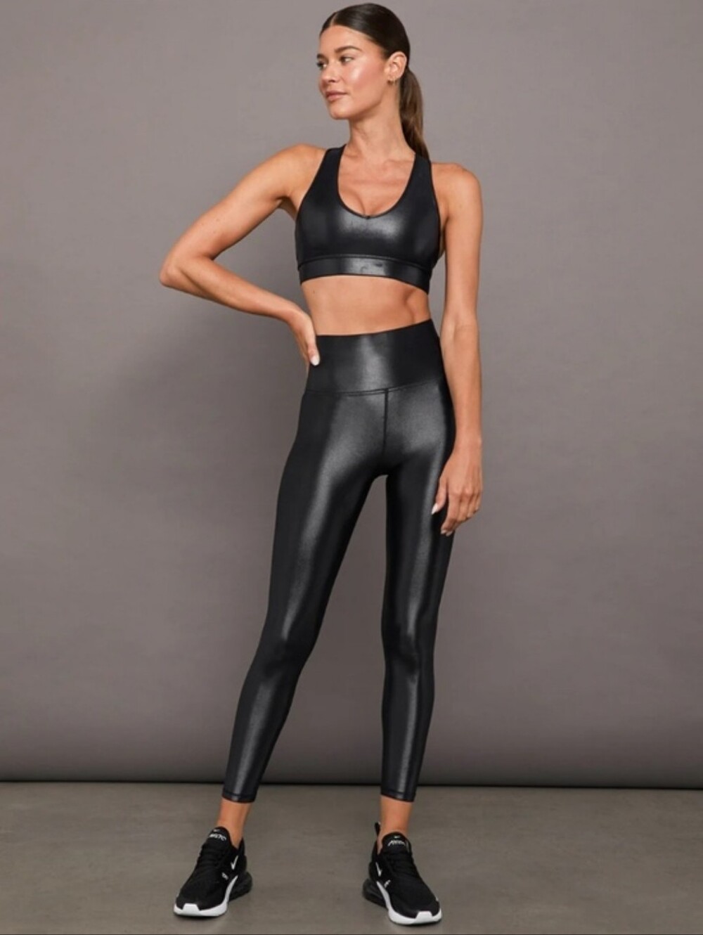 Fabletics Black Faux-Leather Active Oasis Leggings and Sports Bra Set - Picture 2 of 2